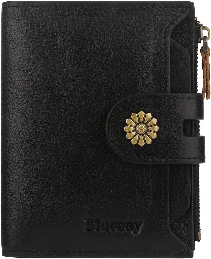 Blucoay Wallet Women,RFID Blocking Leather Womens Wallet Bifold Compact Card Holder Small Wallet for Women with Removable ID Window Black - Image 1